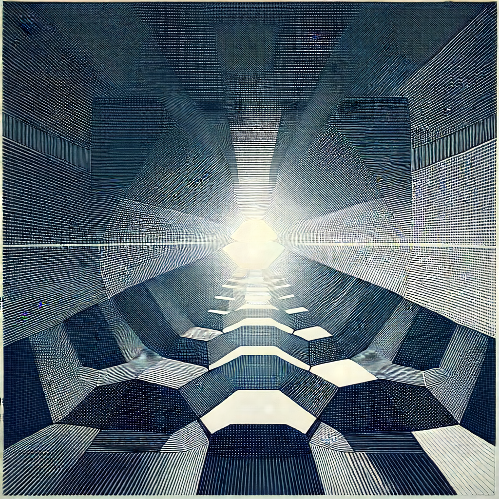 Abstract Ink Drawing: Hexagonal Pattern With Refracted Light With Painting Tunnel