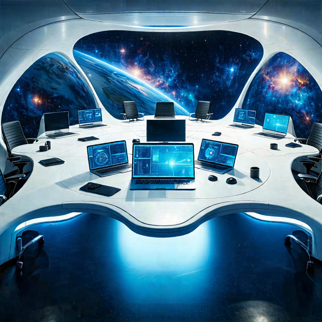 Tech Aerial Photography: (futuristic:1.41) Digital Workspace With Image, There