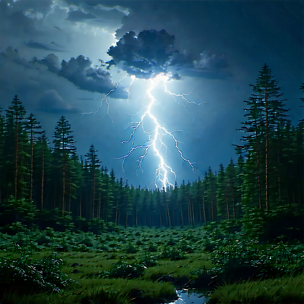 Nature Flat Design: Lightning Over Forest Clearing With Lightning Bolt