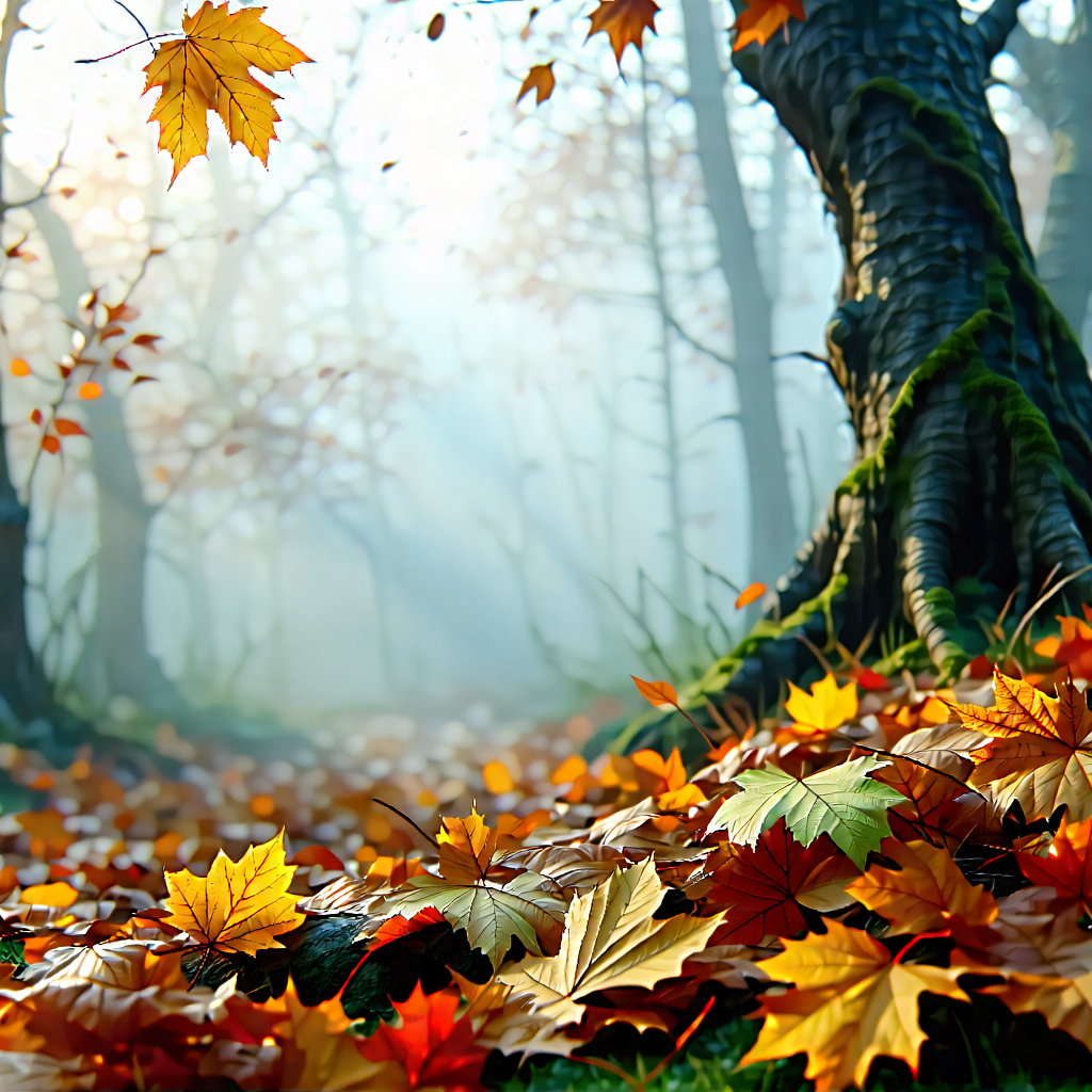 Nature 3D Render: Autumn leaves in misty environment
