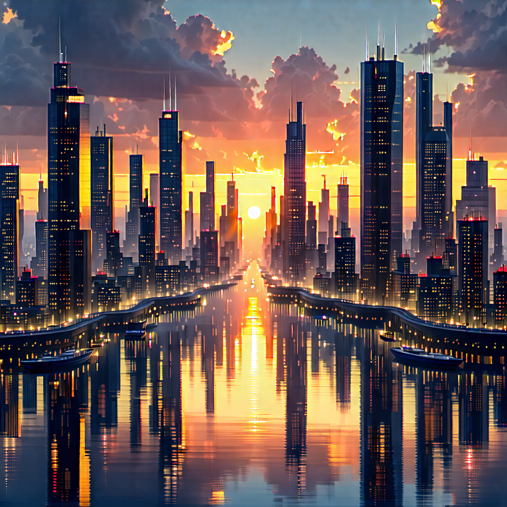 Urban Concept Art: Cityscape Of (modern:1.31) Metropolis During Sunset With Painting City