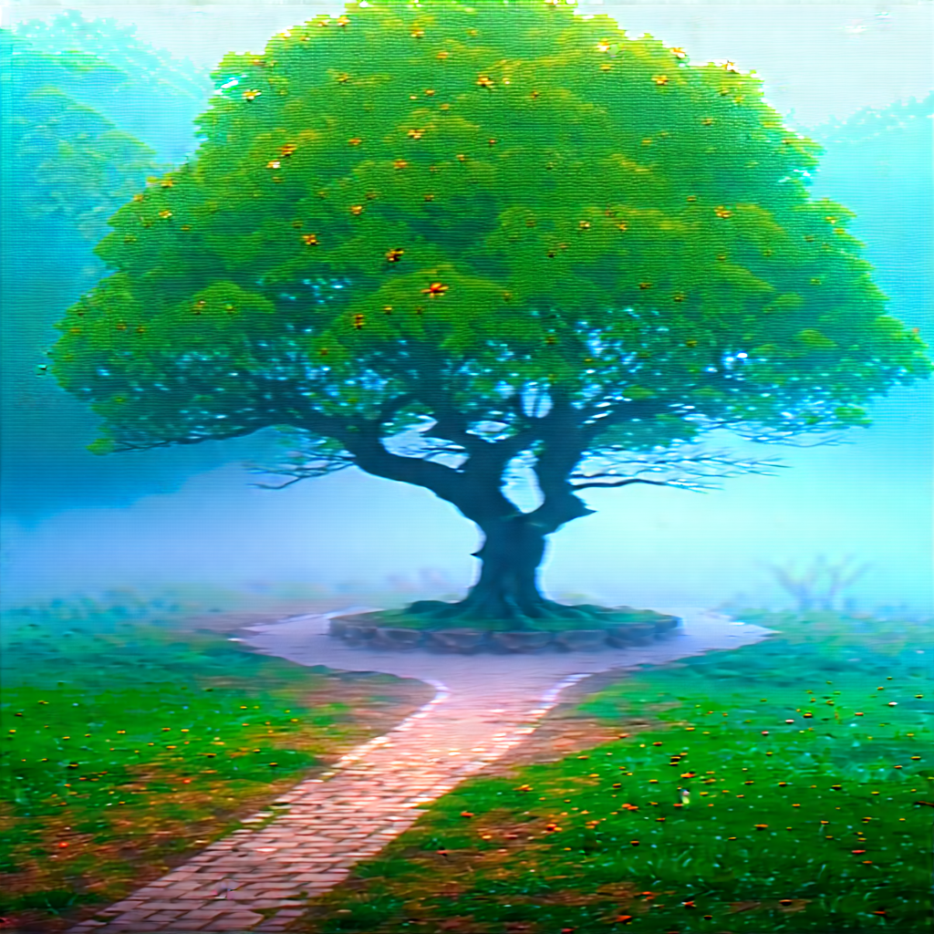Nature Matte Painting: Cherry Blossoms In Misty Environment With Large Tree
