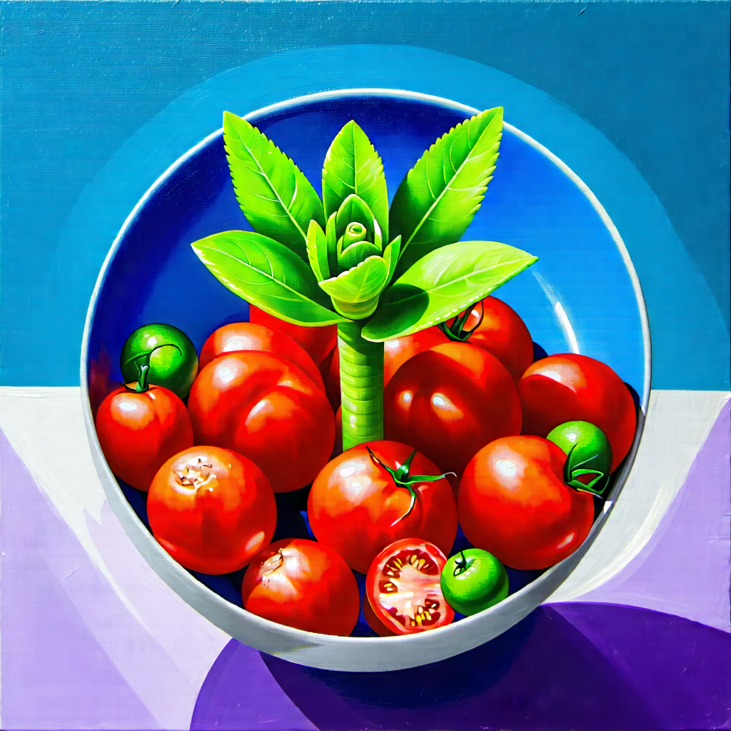 Lifestyle Oil Painting: Plant-based Dish Prepared With Fresh Ingredients With Large Bowl