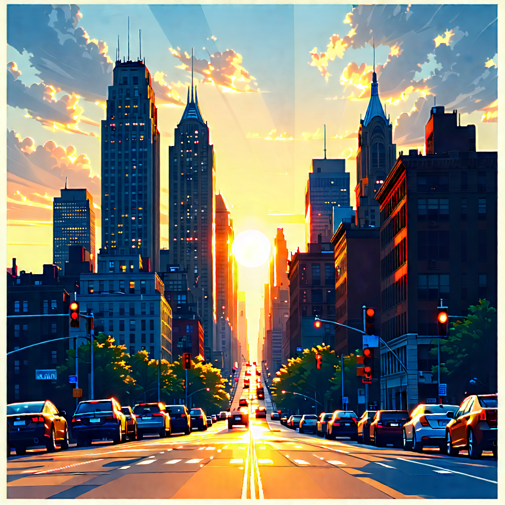 Urban Lithograph: Cityscape Of Downtown District During Sunset With Bustling City