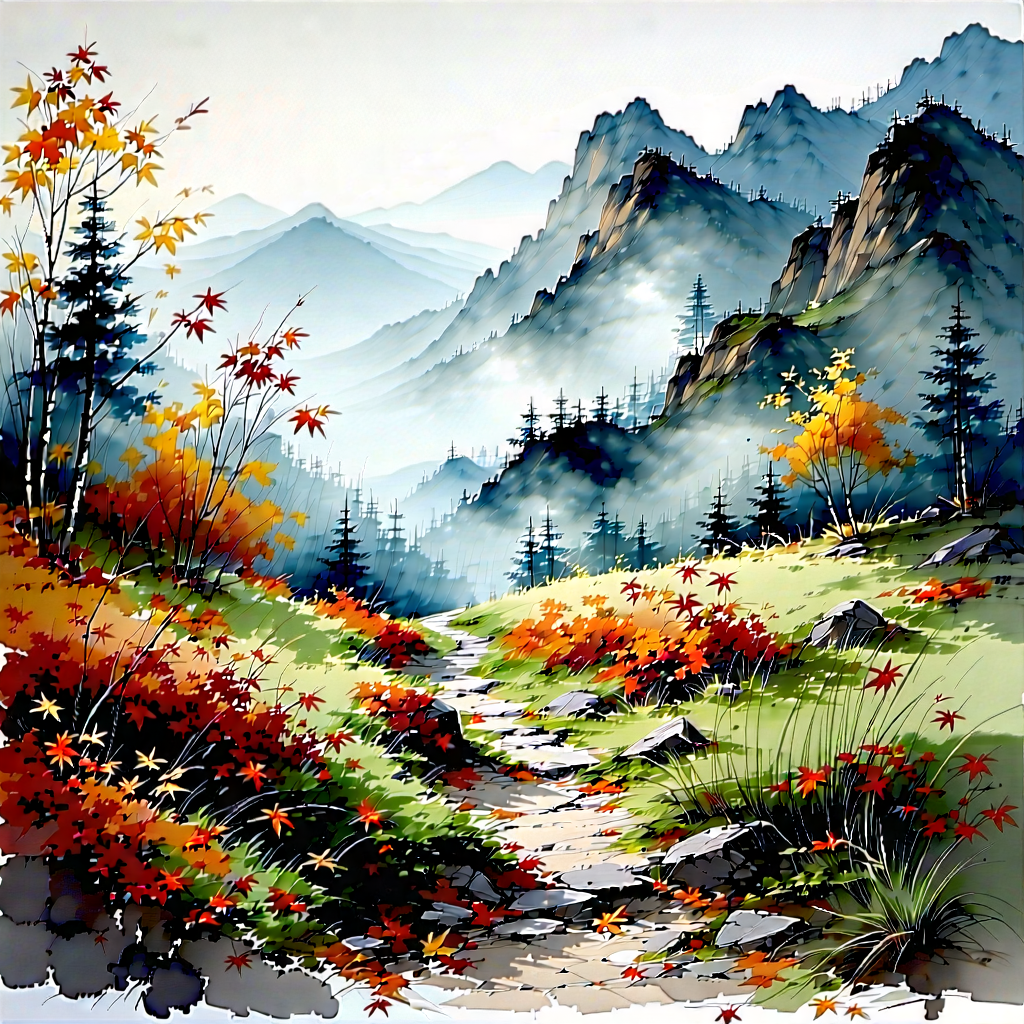 Lifestyle Ink Drawing: Autumn Hike During Spring With Beautiful Mountain