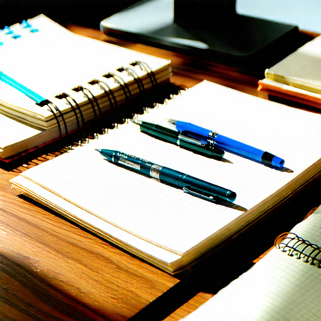 Business Macro Photography: Workplace with notebooks and pens on desk
