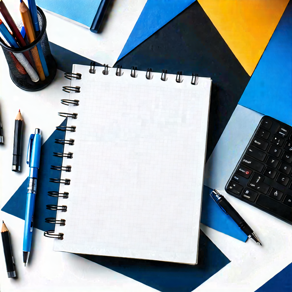 Business Geometric Design: Workplace With Notebooks And Pens On Desk With Desk Notebook