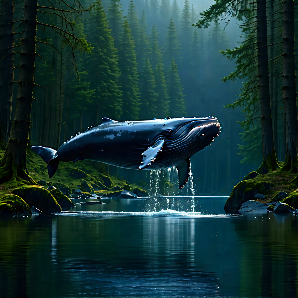 Nature Advertising Photography: Whale In (forest:1.15) Environment With Large Blue