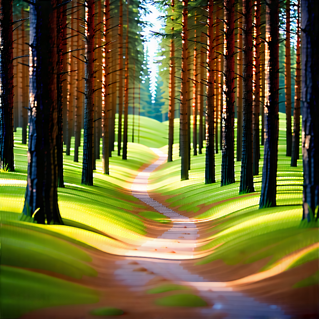 Nature Tilt-shift Photography: Path Through Pine Forest With Black White