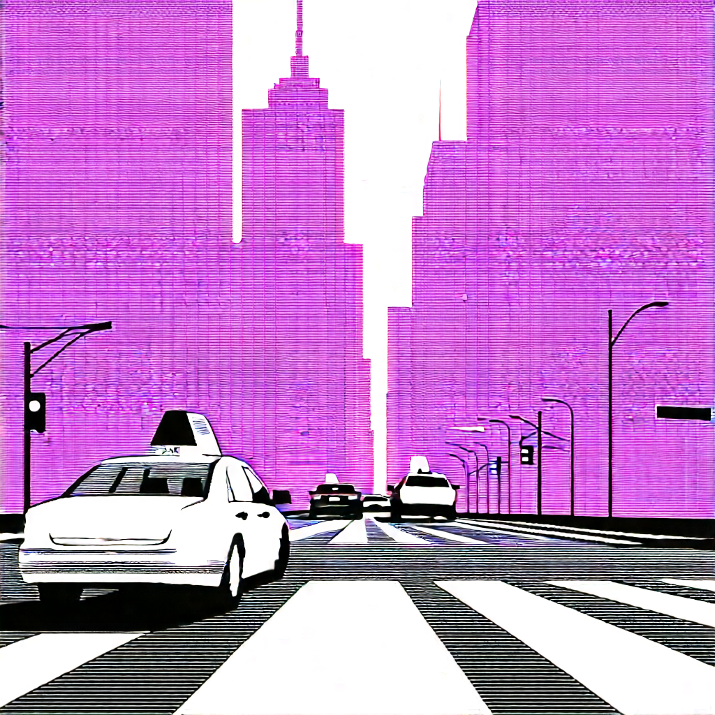 Urban Ink Drawing: City Taxi In Busy Intersection With White Taxi