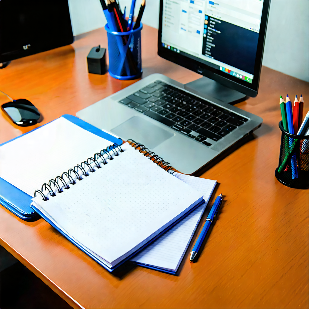 Business Professional Photography: Workplace With Notebooks And Pens On Desk With Laptop Computer