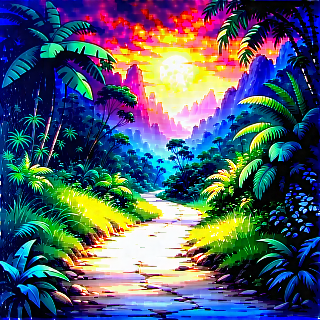 Nature Watercolor Painting: Path Through Tropical Jungle With Colorful Painting
