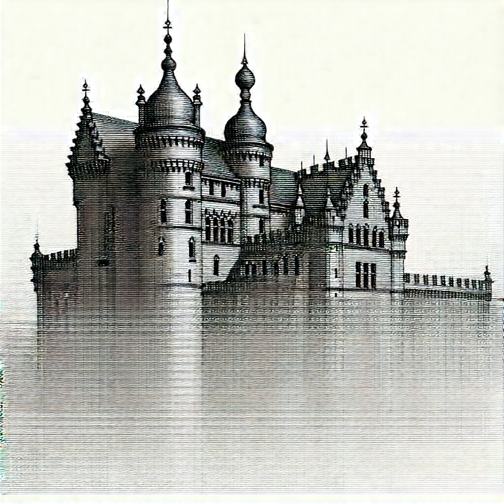 Urban Ink Drawing: Historic Building With Ornate Details With Black White