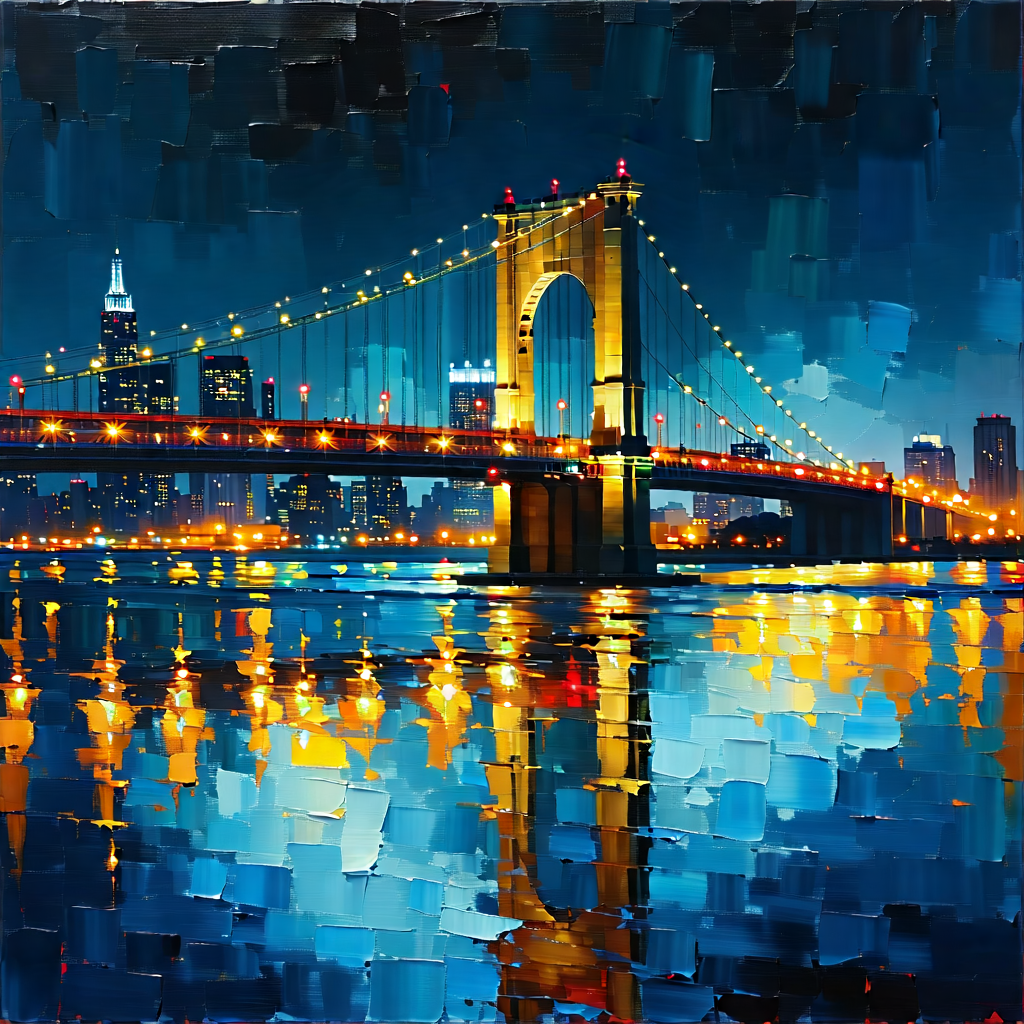 Urban Oil Painting: Iconic bridge with (city:1.47) lights