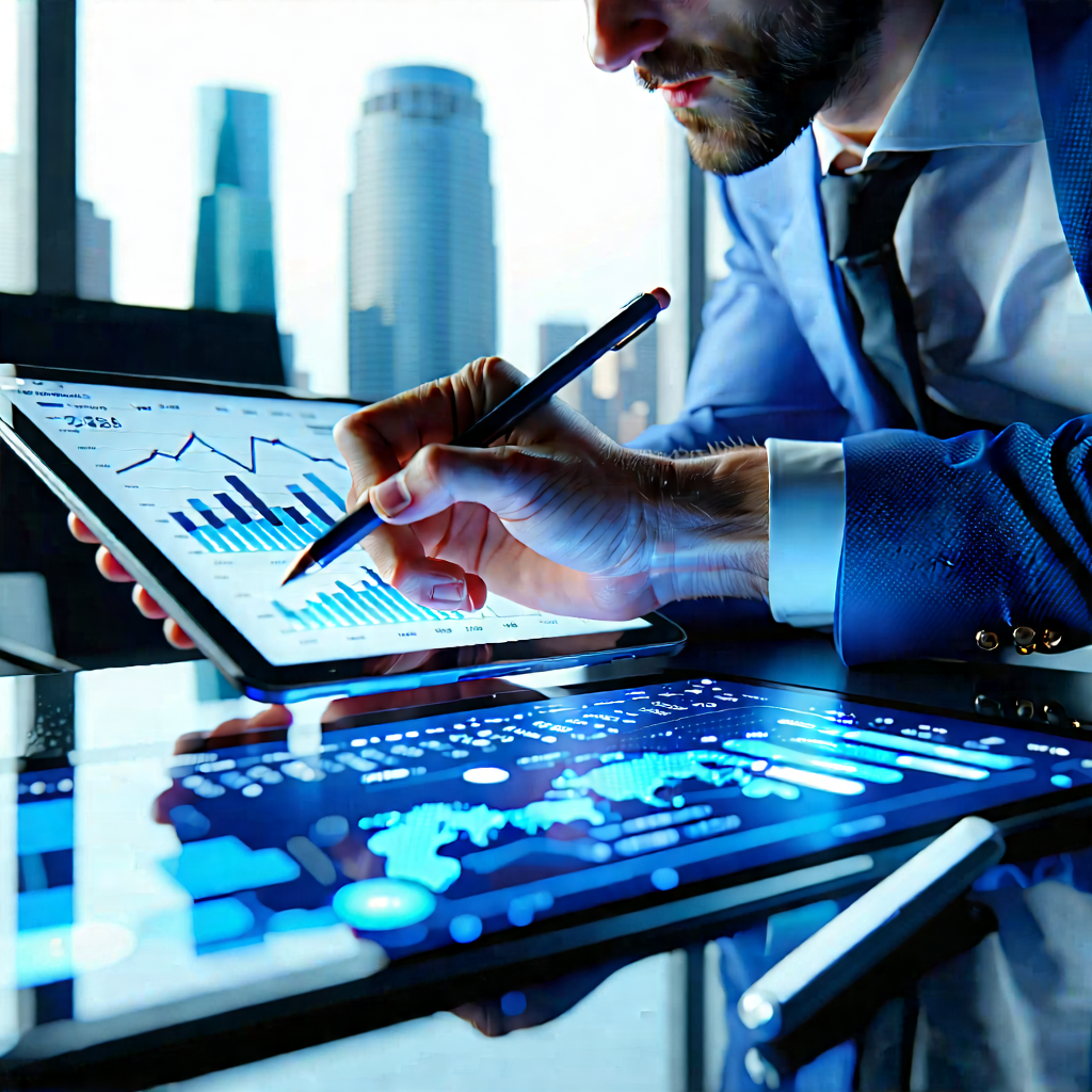 Business Octane Render: Finance professional using digital tablet