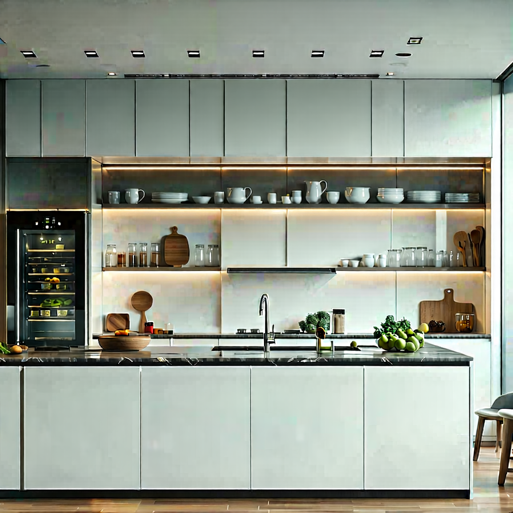 Lifestyle Hdr Photography: Modern Kitchen With Organized Space With Showcases Large,