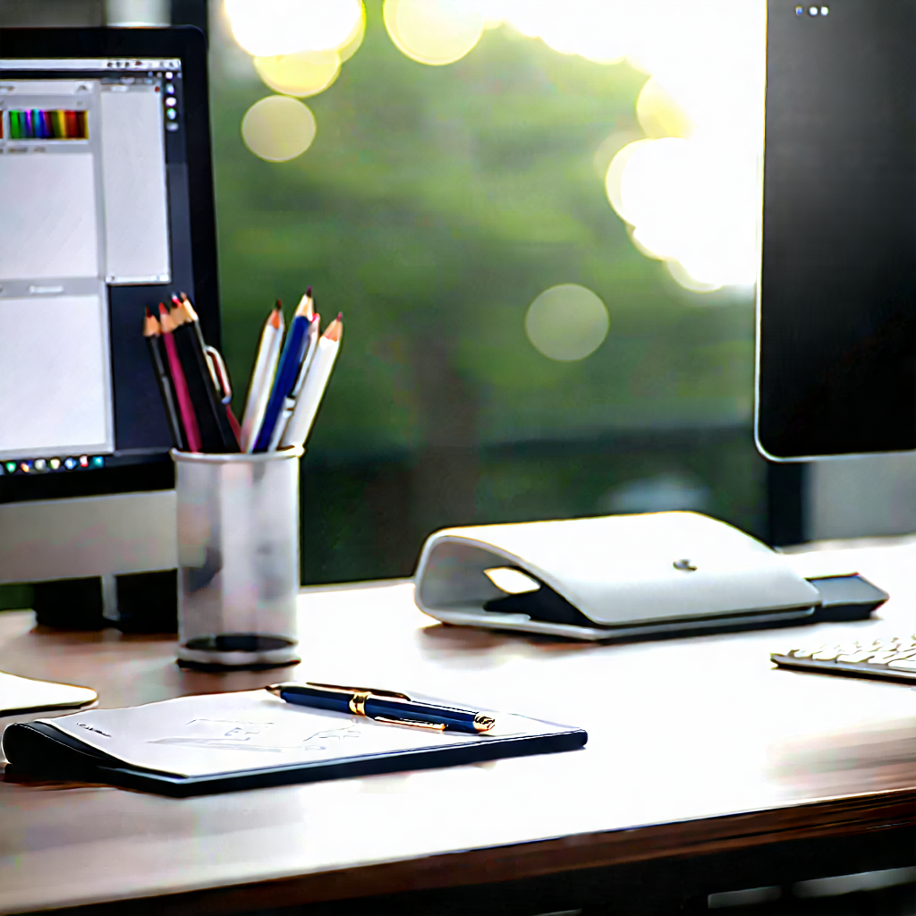 Business Vector Art: Workplace with modern office supplies on desk