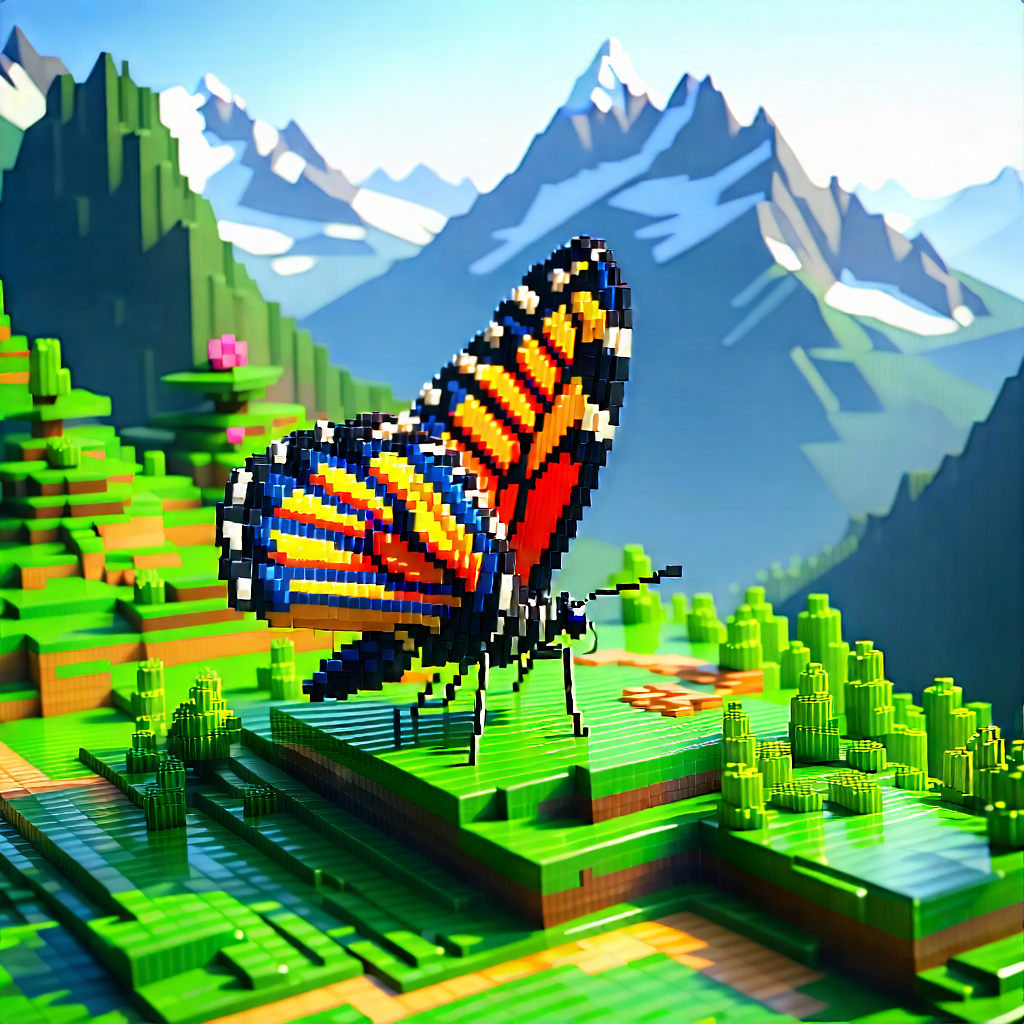 Nature Voxel Art: Butterfly in mountain terrain