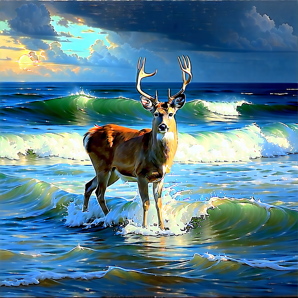 Nature Oil Painting: Deer In Ocean Waters With Deer Standing