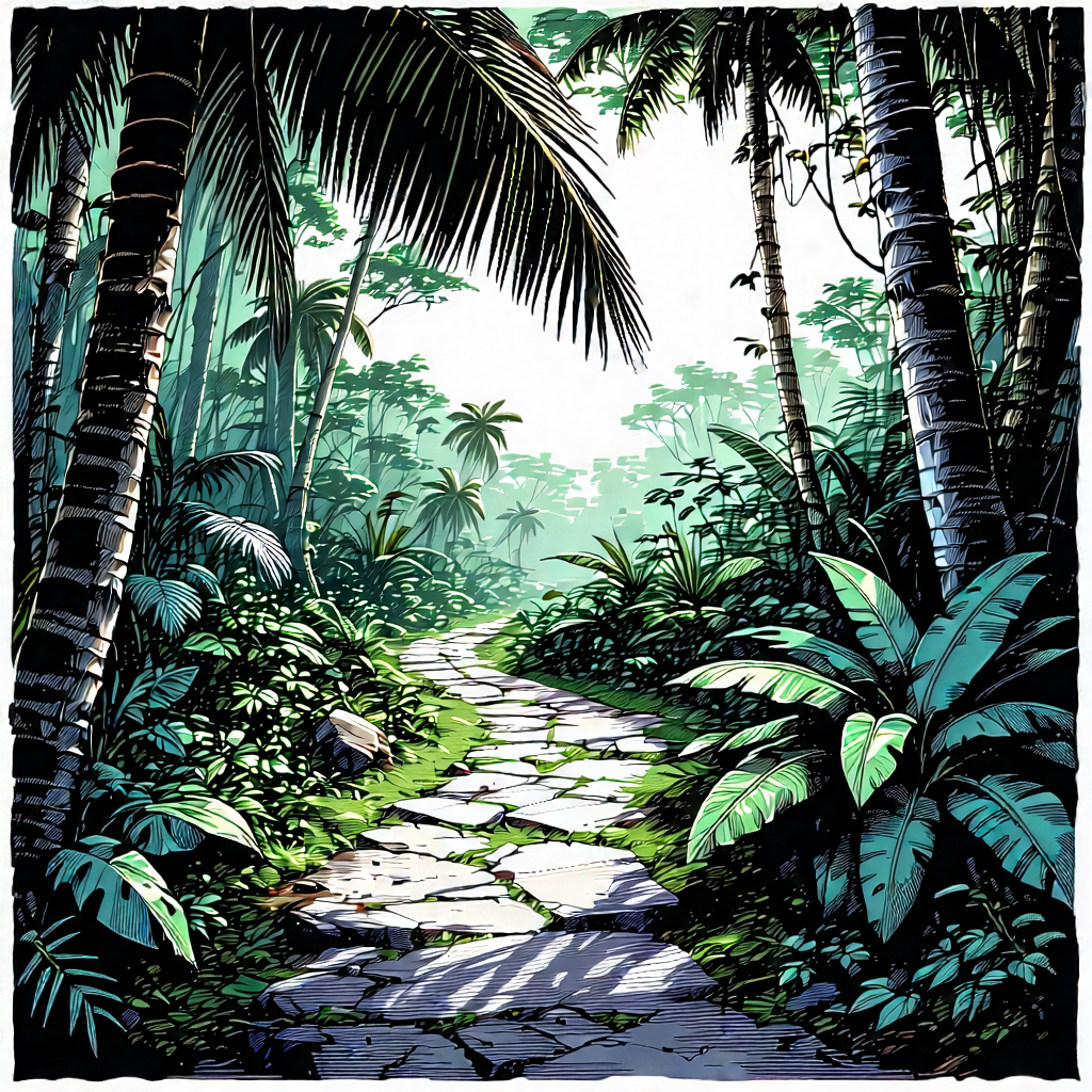 Nature Ink Drawing: Path through tropical jungle