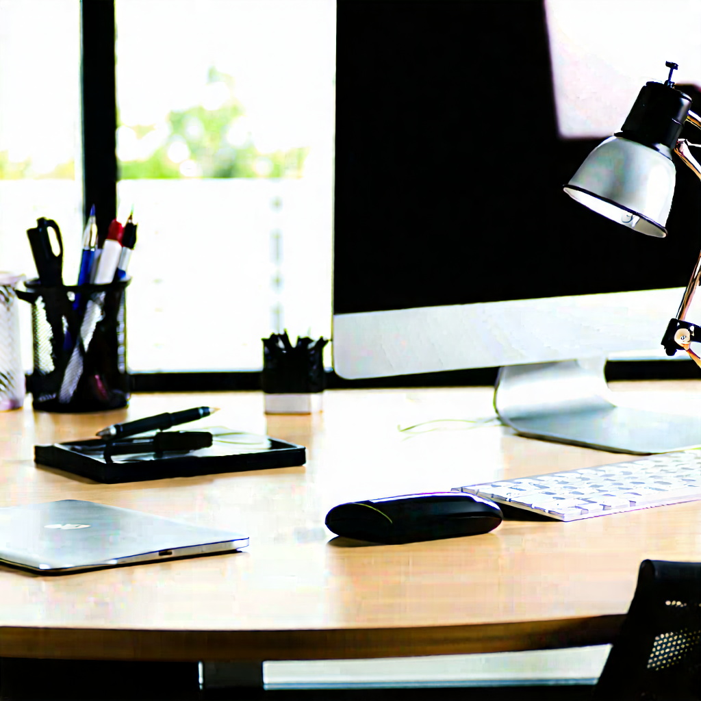 Business Commercial Photography: Workplace With Modern Office Supplies On Desk With Wooden Desk