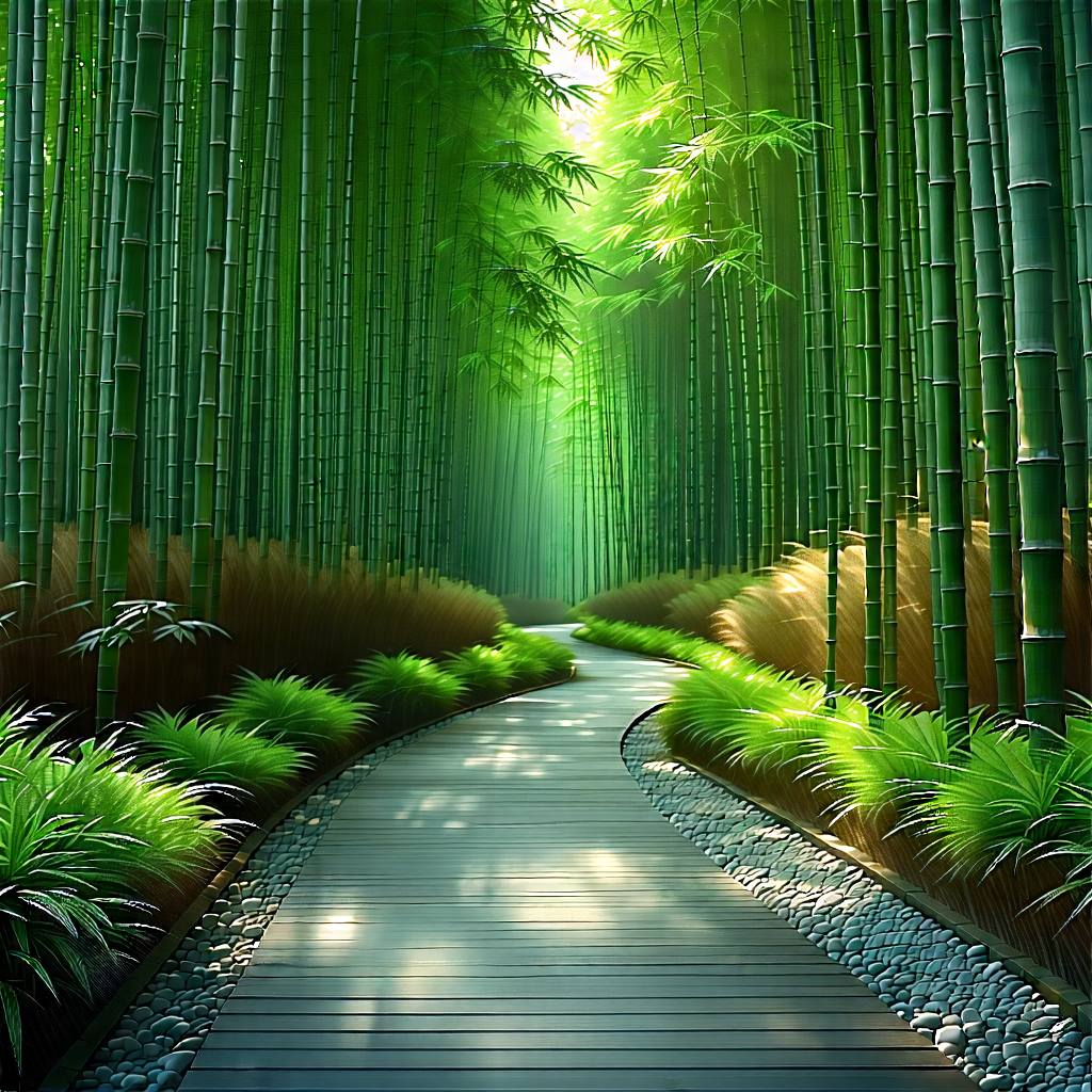 Nature Technical Illustration: Path Through Bamboo Grove With Pathway Surrounded