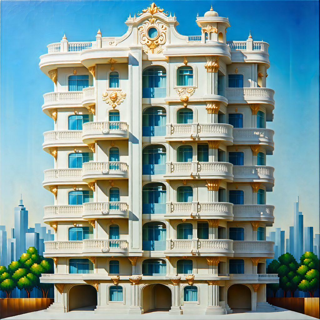 Urban Acrylic Painting: (modern:1.12) Apartment Complex With Ornate Details With Large, White,