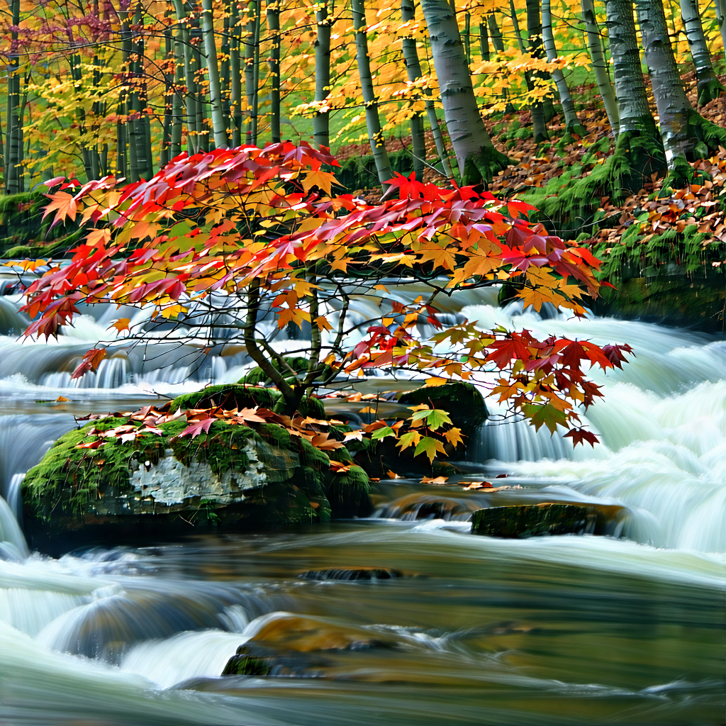 Nature Architectural Photography: Rushing River Surrounded By Autumn Trees With Small Tree
