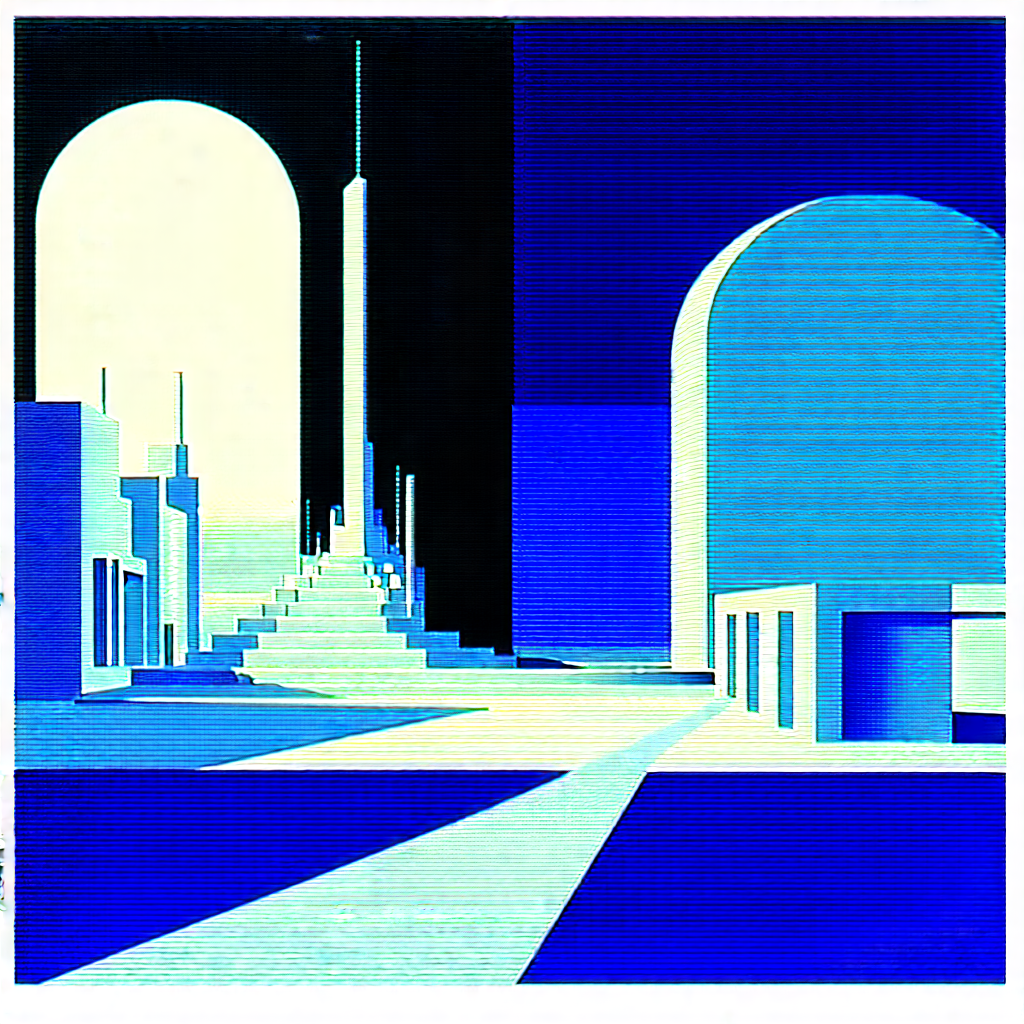 Tech Woodcut Print: Futuristic Research Laboratory With Blue White