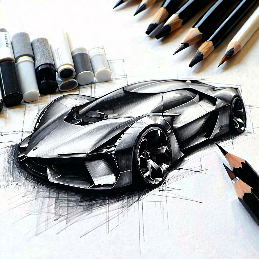 Tech Charcoal Drawing: Automotive Technology In Design Studio With Drawing Futuristic