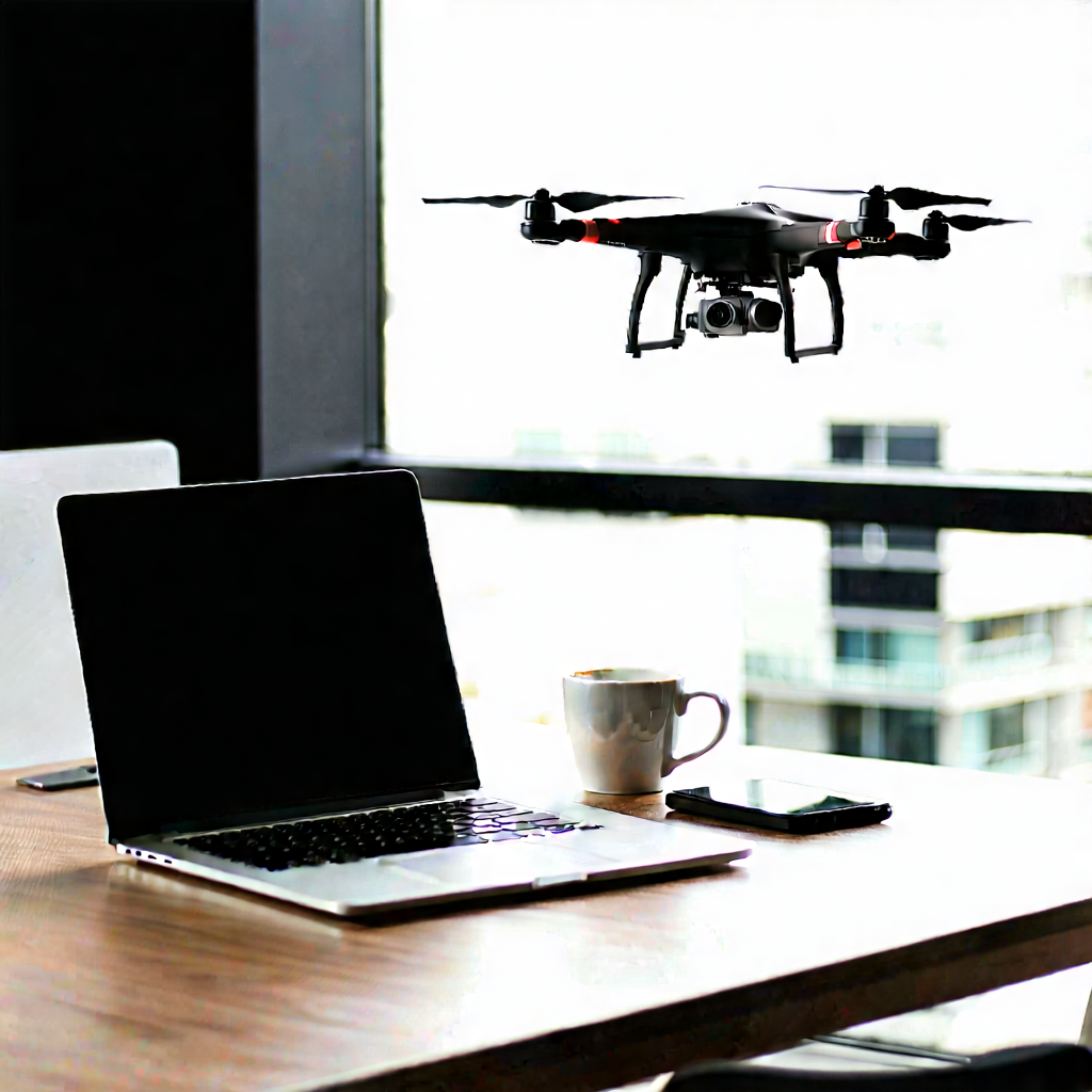 Business Drone Photography: Workplace With Laptop And Coffee On Desk With Laptop Computer