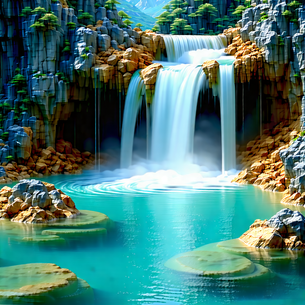 Nature Blueprint Style: Waterfall Pool Surrounded By Rocky Shores With Beautiful Waterfall