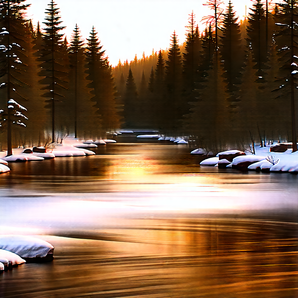 Nature Blueprint Style: Rushing (river:1.31) Surrounded By (snow:1.29)-covered (trees:1.23) With Serene Scene