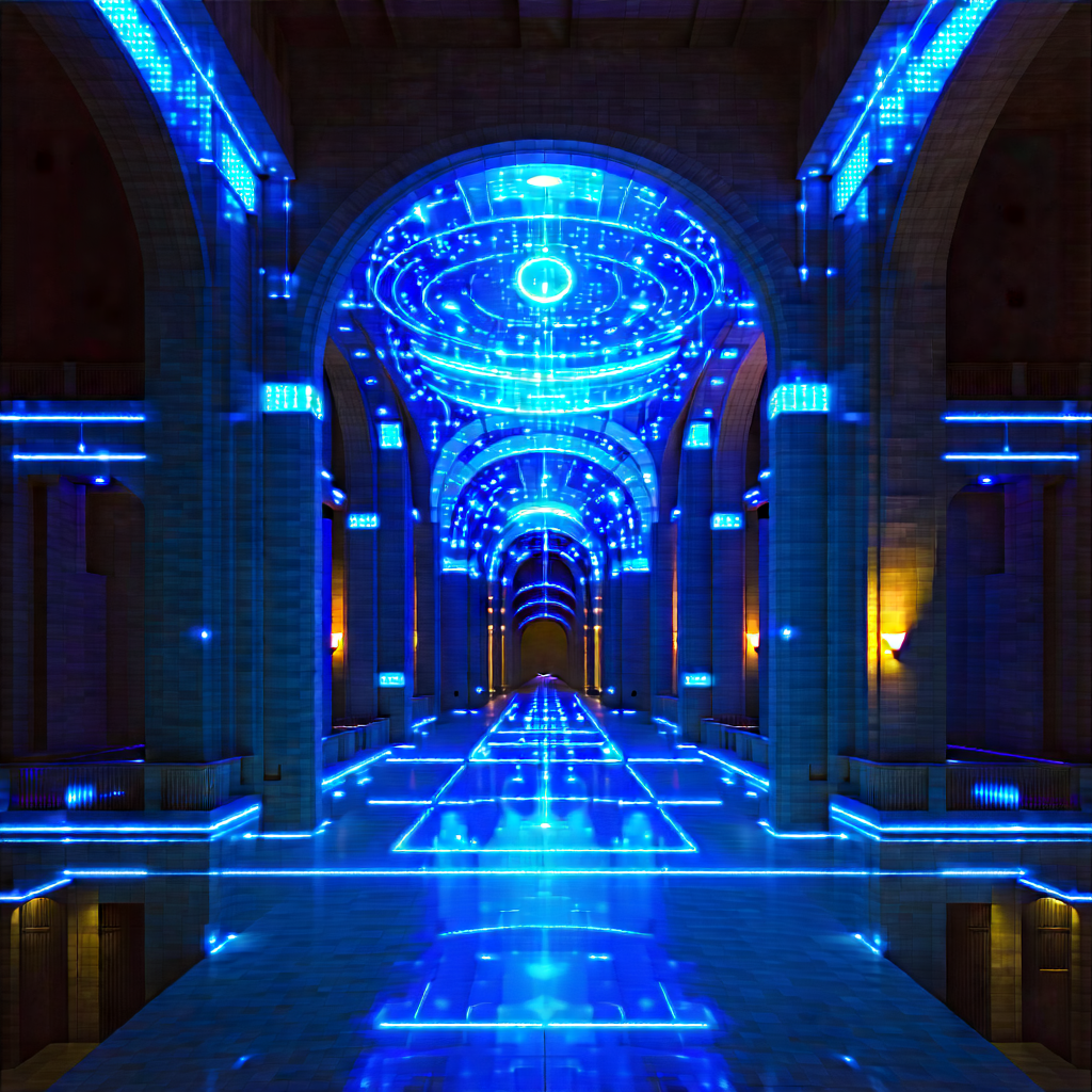 Tech Architectural Photography: Robot With Blue Light Glow With Large, Blue-lit