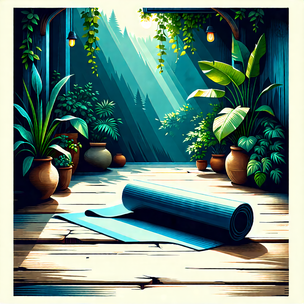 Lifestyle Linocut Print: Wellness Scene With Yoga Mat And Plants With Image, There
