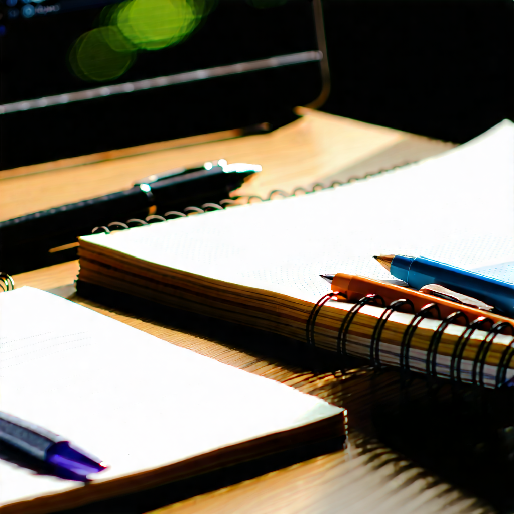 Business Editorial Photography: Workplace with notebooks and pens on desk