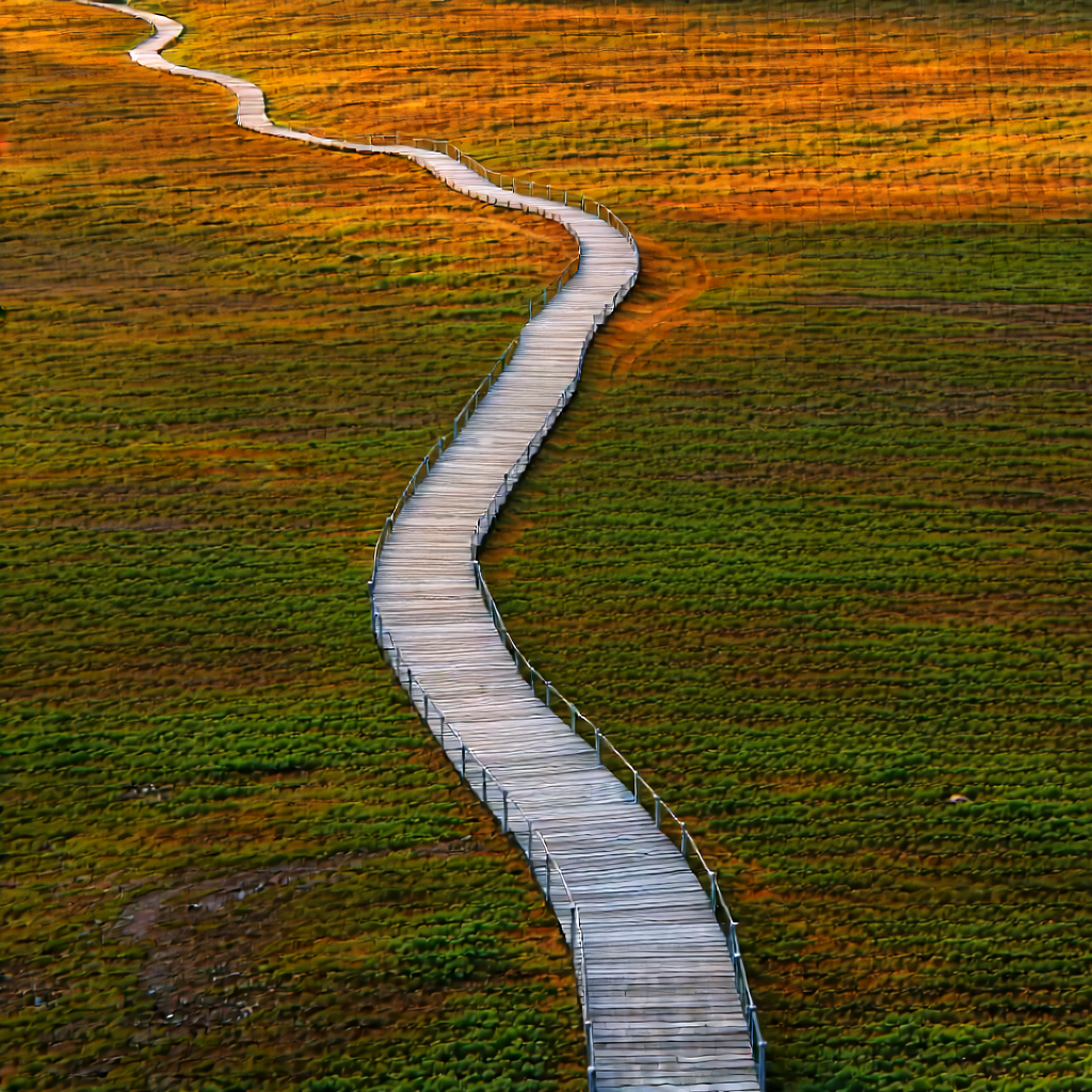 Lifestyle Drone Photography: Autumn Hike During Holiday Season With Wooden Pathway