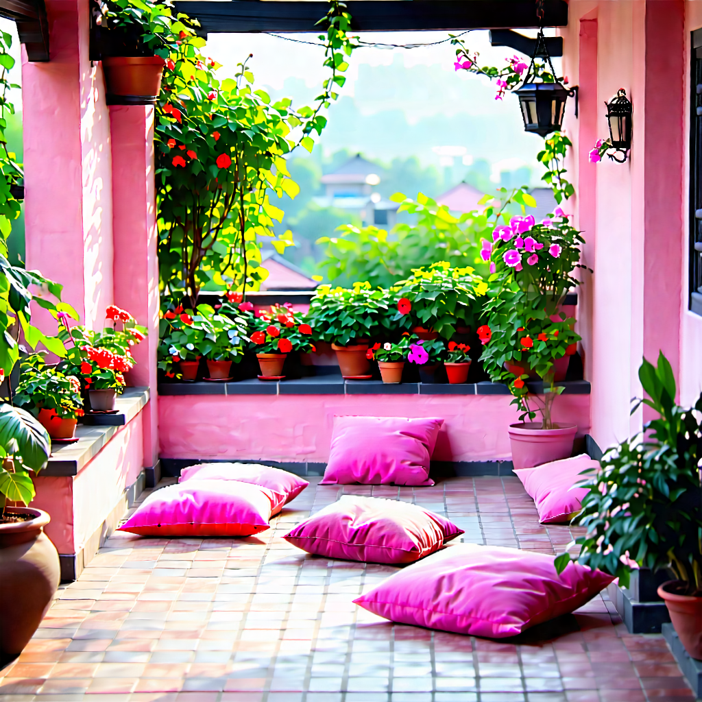 Lifestyle Architectural Photography: Balcony garden with comfortable textiles