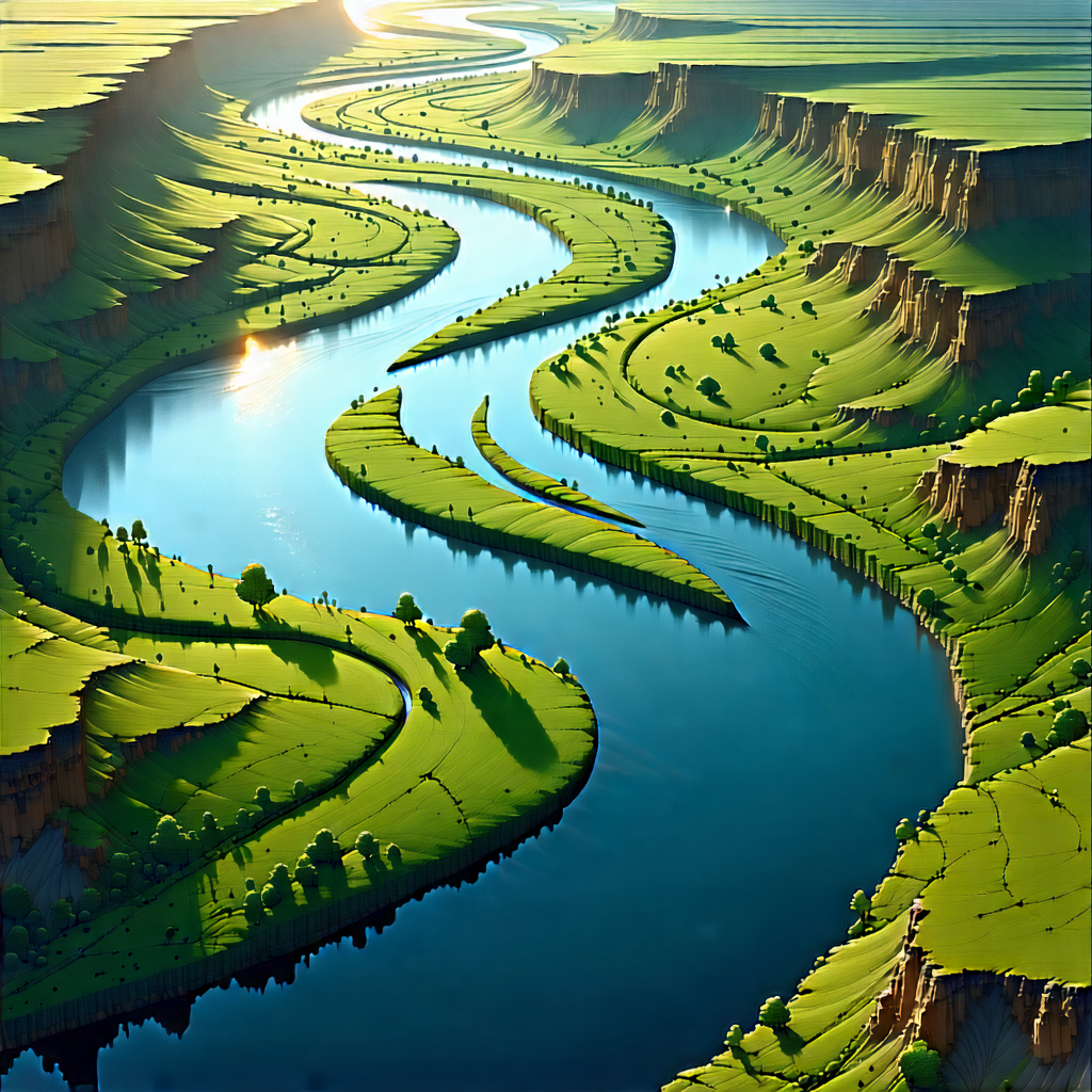 Nature Technical Illustration: Aerial View Of Winding River With Painting River