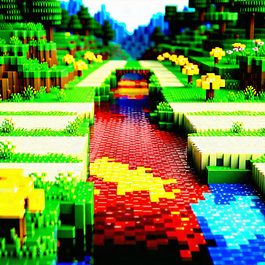Nature Voxel Art: Rushing river surrounded by wildflowers