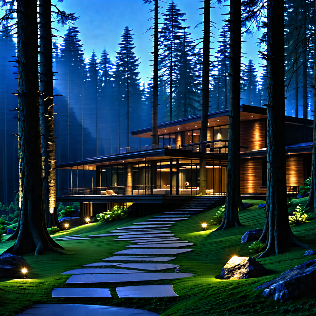 Nature Architectural Photography: Forest Scene During Blue Hour With Large House