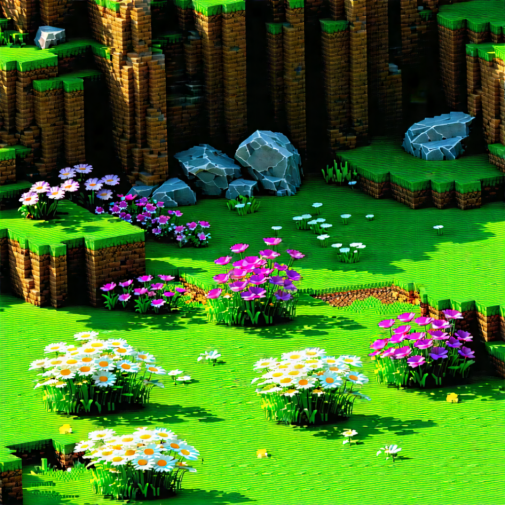 Nature Voxel Art: Wildflowers In Rocky Terrain With Image, There