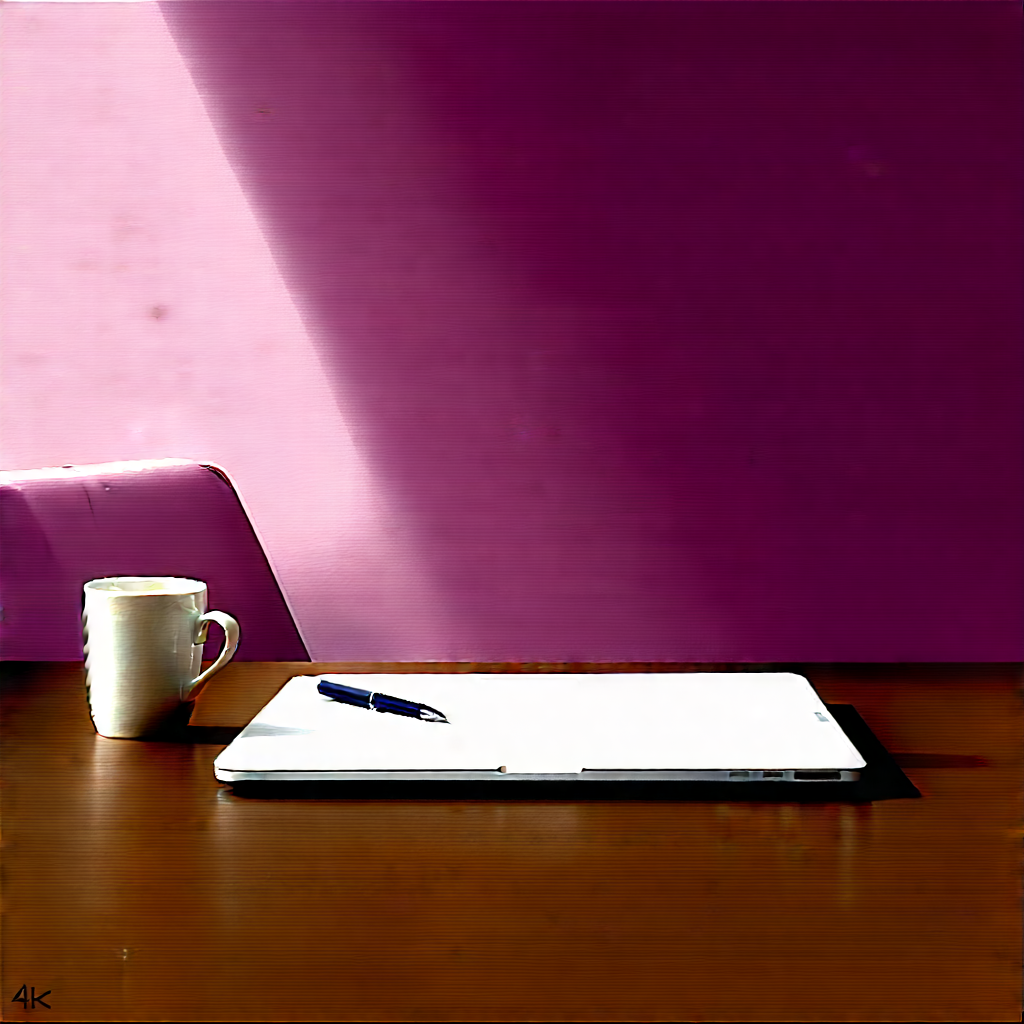Business Oil Painting: Workplace With Laptop And Coffee On Desk With Wooden Dining