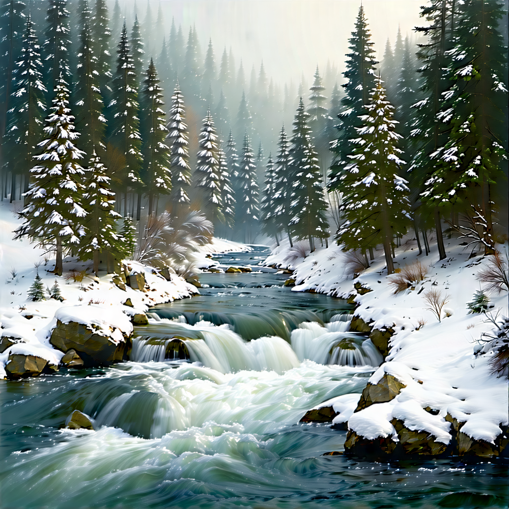 Nature Etching: Rushing River Surrounded By (snow:1.25)-covered Trees With Beautiful Snowy
