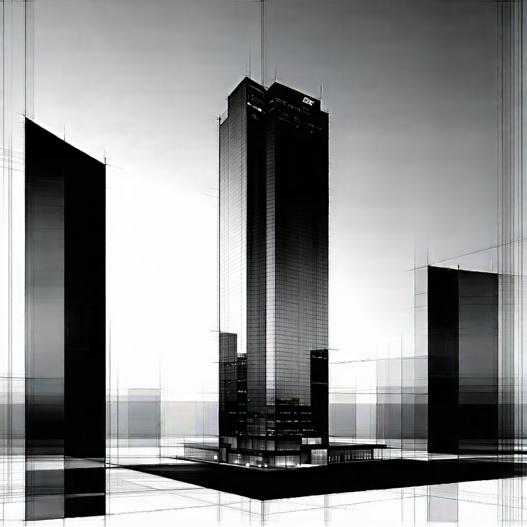 Urban Charcoal Drawing: Glass Office Tower With Reflective Glass With Black White