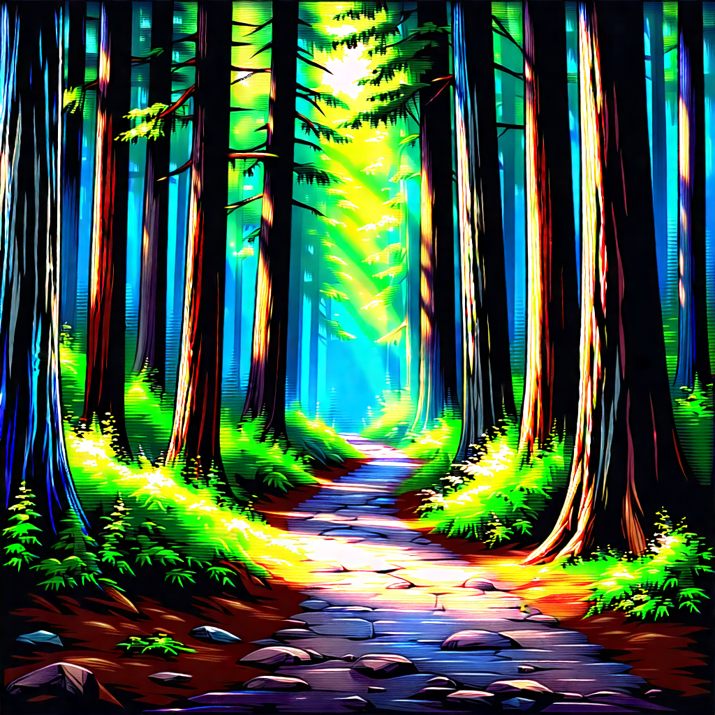 Nature Pastel Drawing: Path Through Redwood Forest With Forest Path
