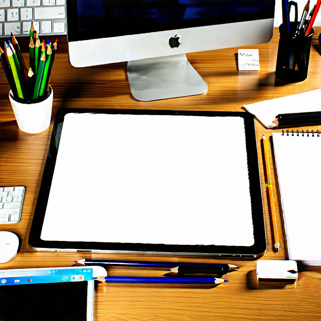 Business Pencil Sketch: Workplace With Digital Devices On Desk With Wooden Desk
