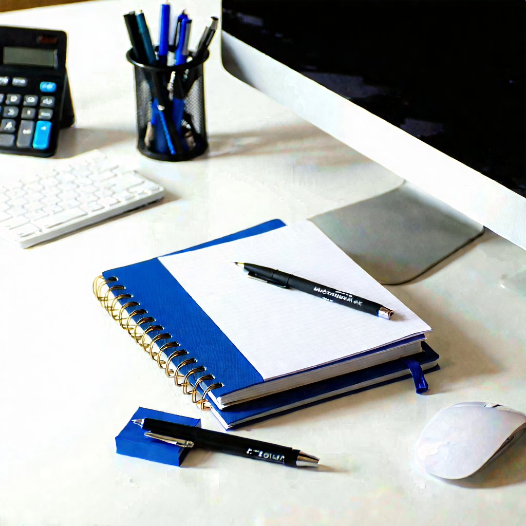 Business Commercial Photography: Workplace with notebooks and pens on desk