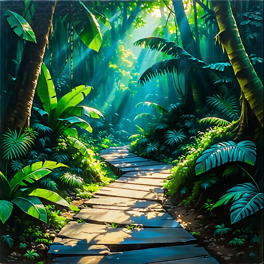 Nature Gouache Painting: Path Through Tropical Jungle With Lush, Green