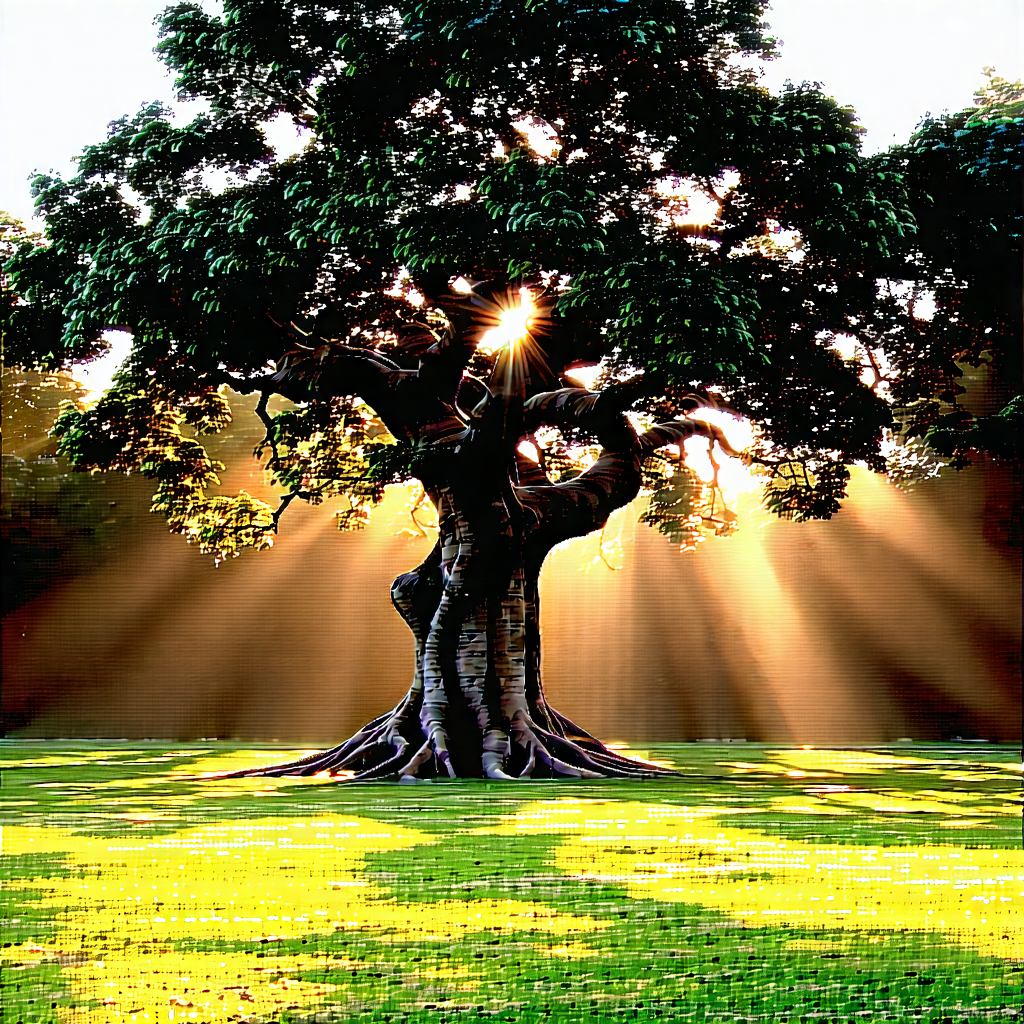 Nature Digital Art: Ancient tree in sunlit clearing